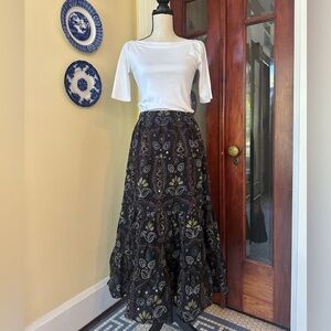 CHICO’S | Tiered Black Maxi Skirt Boho Embroidery & Sequins, Size S